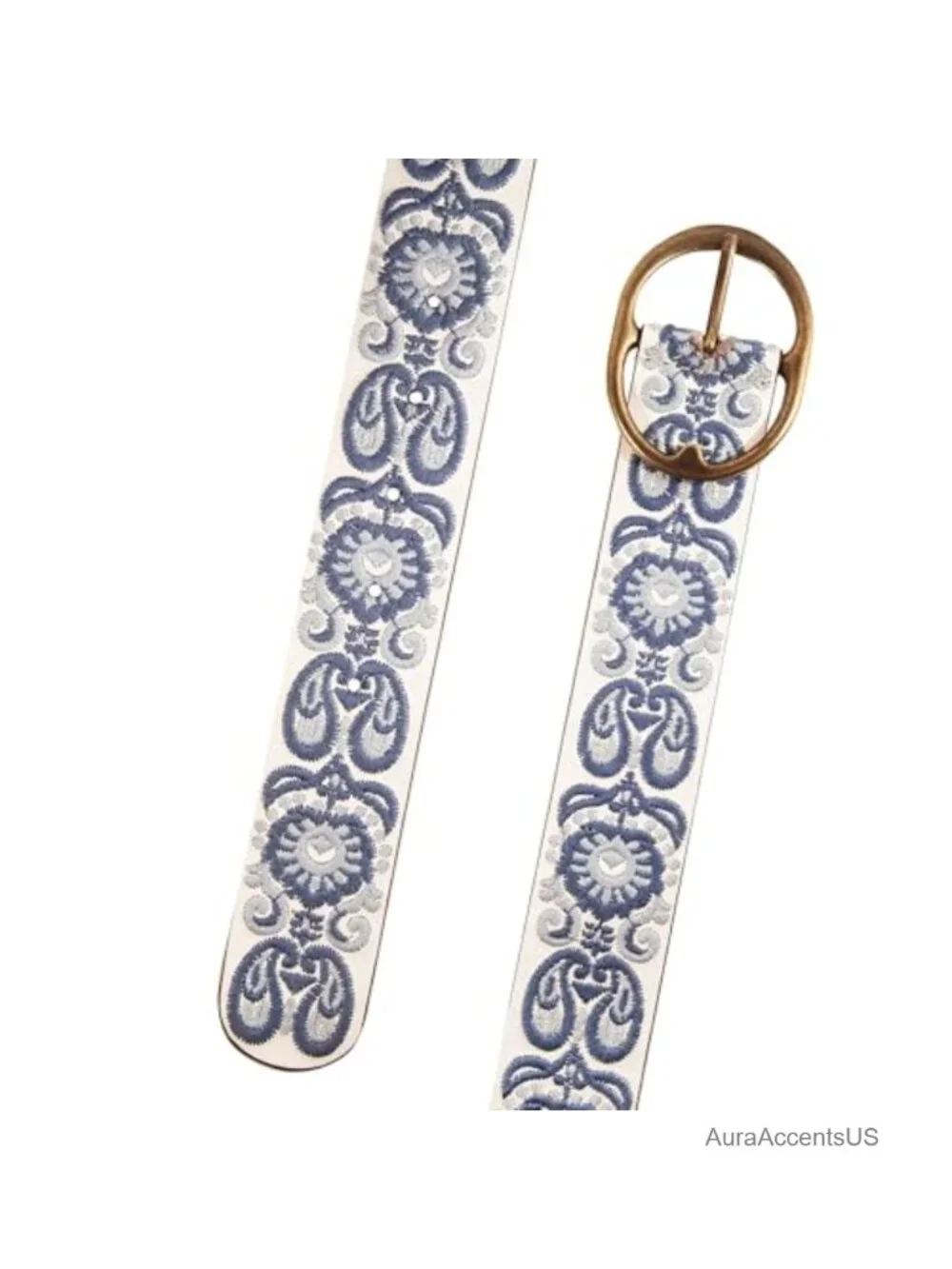 Genuine Leather Embroidered Belt with Antique Brass Oval Buckle - Western